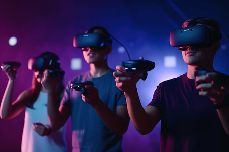 A group of people, wearing virtual reality glassesの写真素材