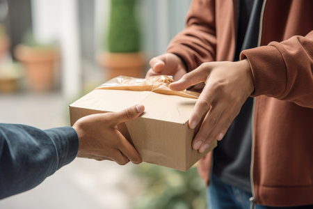 Delivery man's hand giving parcel to another humanの写真素材