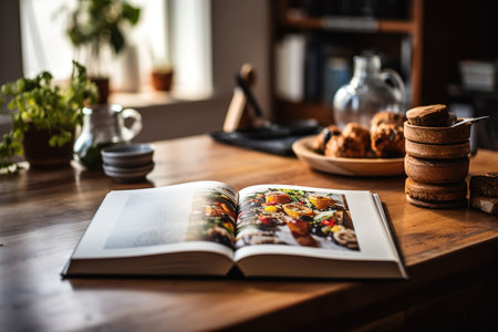 A photo of a cookbook in focus on wooden kitchen table. Generative aiの素材