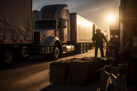 Overtaking trucks on an asphalt road in a rural landscape at sunset. Generative aiの素材