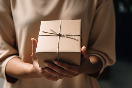Female hands holding parcel box or gift box package in craft paper. Generative aiの素材