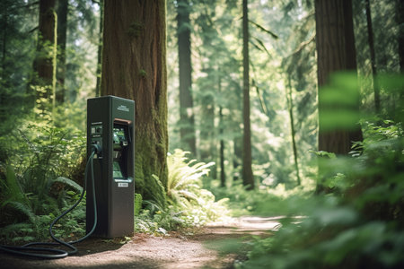 EV charging station for electric car standing far from city in forest. Generative aiの素材