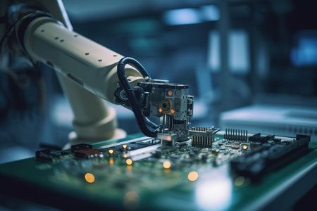 A robotic arm assembling a circuit board in factory. Generative aiの素材