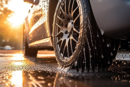 Washing car in a self-service car wash station in sunset view. Generative aiの素材