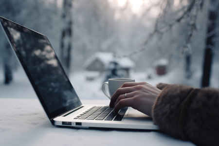 Modern laptop with blurred screen and paper cup of coffee on table in winter season. Generative aiの素材