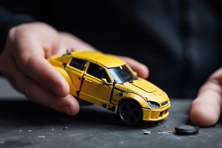 Man holding in hand a scaled model of broken yellow car. Concept of road car accident. Generative ai