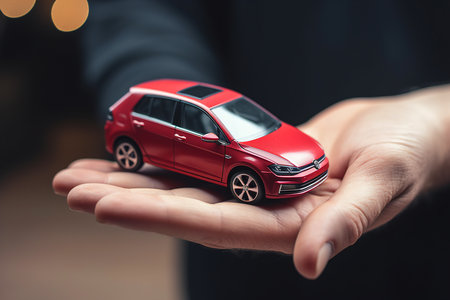 Man holding in hand a scaled model of red car. Concept of buying a dream car. Generative aiの素材