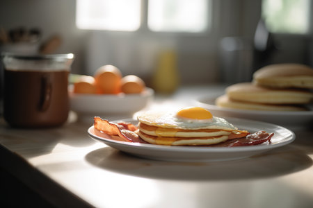 Breakfast plate with pancakes, eggs and bacon in kitchen table. Generative aiの素材