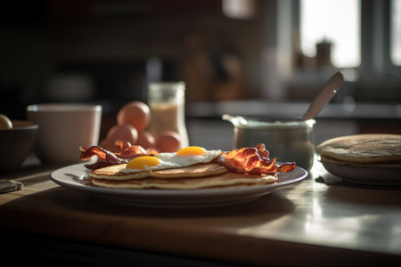 Breakfast plate with pancakes, eggs and bacon in kitchen table. Generative aiの素材