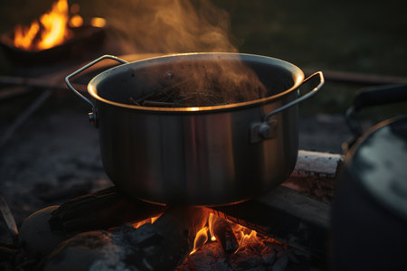 tourist cauldron with cooked food on fire against the background of nature. Generative aiの素材