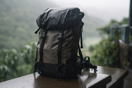 Tourist mountain backpack close-up on the background of the forest. Generative aiの素材