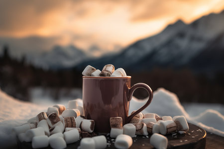 Tourist metal cup with hot drink and marshmallow on top of out with mountains on background. Generative aiの素材
