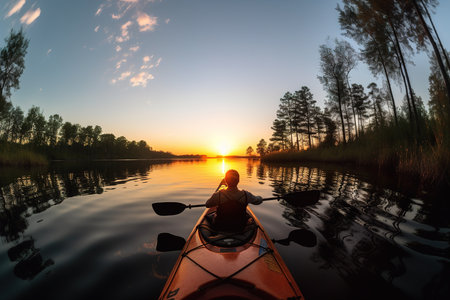 A man kayaking on a calm river surrounded by nature and evening sunset. Generative aiの素材