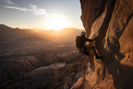 A person climbing a cliff way to a mountain top. Generative aiの素材