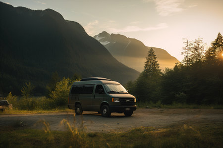 Travelling by camper. Concept carefree of vacation or journey on car. Generative AIの素材