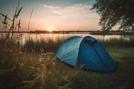 Blue camper tent with a lake in the background during sunset. Generative AIの素材
