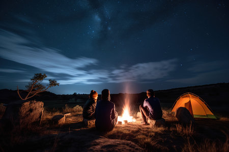 A goup of people sitting around camp fire in night. Generative AIの素材