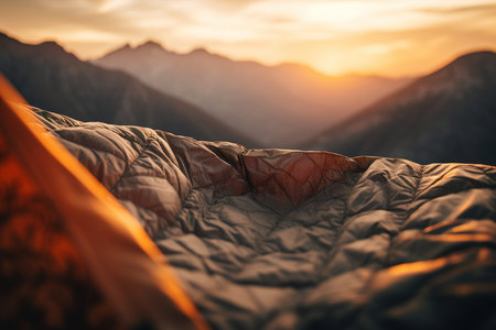 close-up view of Orange sleeping bag in mountains on background. Generative aiの素材