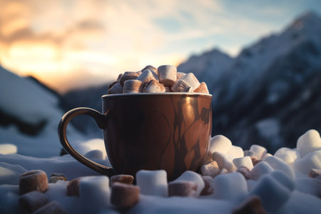 Tourist metal cup with hot drink and marshmallow on top of out with mountains on background. Generative AIの素材