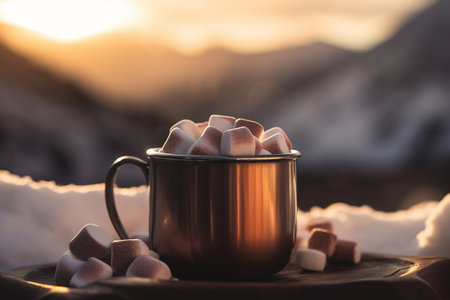 Tourist metal cup with hot drink and marshmallow on top of out with mountains on background. Generative AIの素材