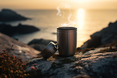 A metal tourist mug with hot drink on nature mountains background. Generative AIの素材