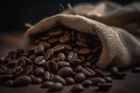 Close-up photo of freshly roasted coffee beans in a burlap sack. Generative aiの素材