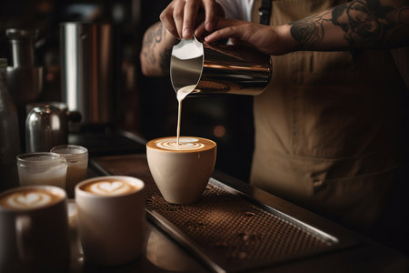 Barista makes coffee cup latte art in cozy coffee shop. Generative aiの素材