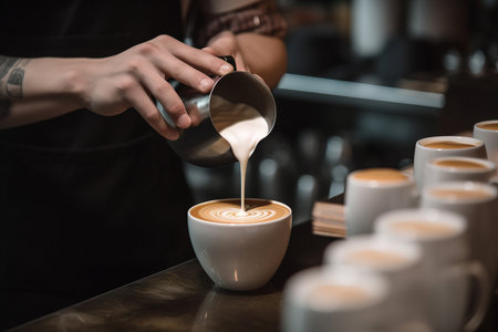 Barista makes coffee cup latte art in cozy coffee shop. Generative aiの素材