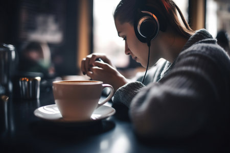 Attractive young woman enjoying a cup of coffee in a coffee shop, while listening a music. Generative aiの素材