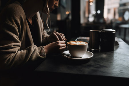 A person enjoying a cup of coffee in a coffee shop, while working on their laptop. Generative aiの素材