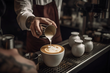 Barista makes coffee cup latte art in cozy coffee shop. Generative aiの素材