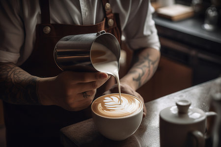 Barista makes coffee cup latte art in cozy coffee shop. Generative aiの素材