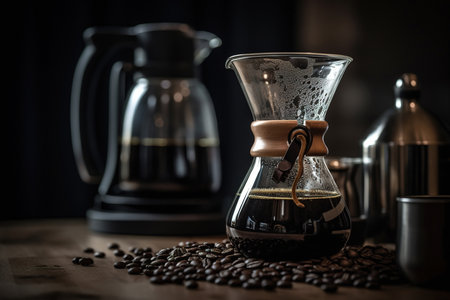Hand drip coffee kit, barista pouring water on coffee ground with filter. Generative aiの素材