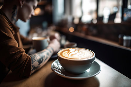 A person enjoying a cup of coffee, while listening to music. Generative aiの素材