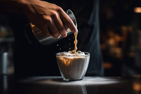 barista add with splashes a milk to a coffe cup in cafe. Generative aiの素材