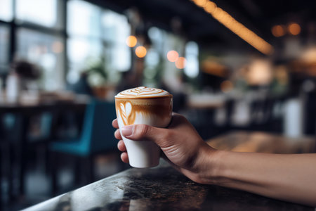 A person enjoying a cup of latte in coffee shop with panoramic view on city. Generative aiの素材