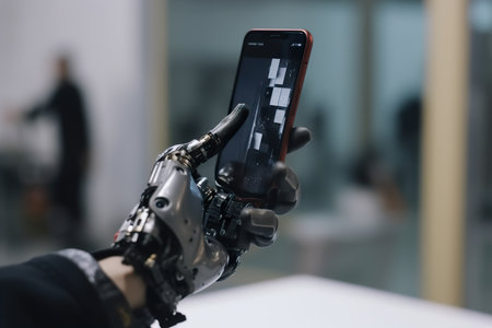 Prosthetic 3d printed hand holding smartphone. Generative Aiの素材