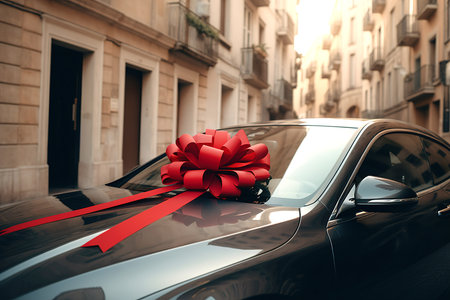 The new car is wrapped in a red bow. Beautiful gift concept. Generative Aiの素材