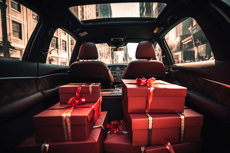 Car interior with holiday gifts and red presents. Generative Aiの素材