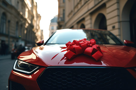 The new car is wrapped in a red bow. Beautiful gift concept. Generative Aiの素材