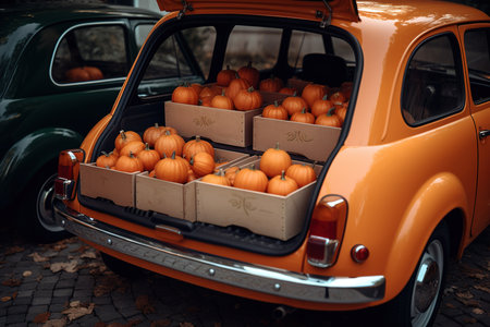 Car trunk with pumpkins and autumn decoration for halloween. Generative Aiの素材
