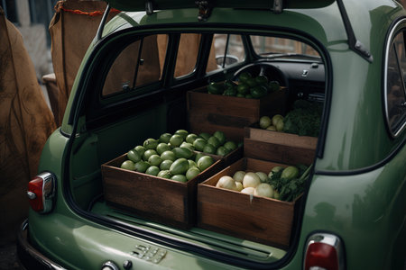 Car trunk with groceries, fruits and vegetables. Generative Aiの素材