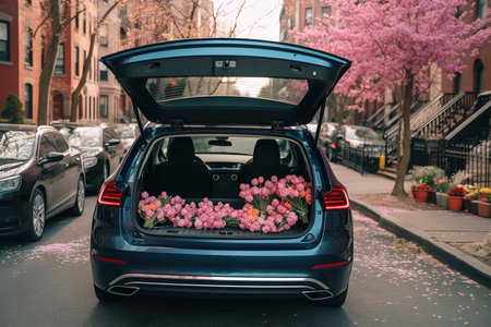 Car trunk full of flowers and plants for decoration. Flowers and plants delivery conception. Generative Aiの素材