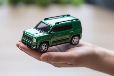 A person holds in hand a scaled model of green SUV car . Concept of buying a dream car. Generative aiの素材