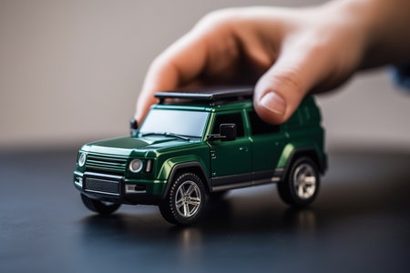 A person holds in hand a scaled model of green SUV car . Concept of buying a dream car. Generative aiの素材