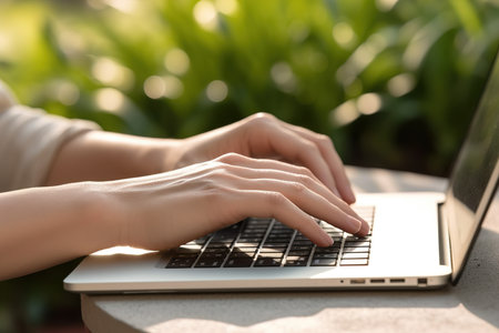 A person is working remotely on laptop while traveling. Generative aiの素材