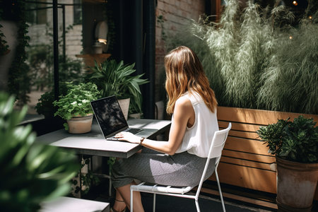 Young woman is working remotely on laptop outdoor in garden. Generative aiの素材