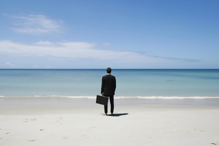 A businessman with case standing on a beach with view on ocean. Generative aiGenerative aiの素材