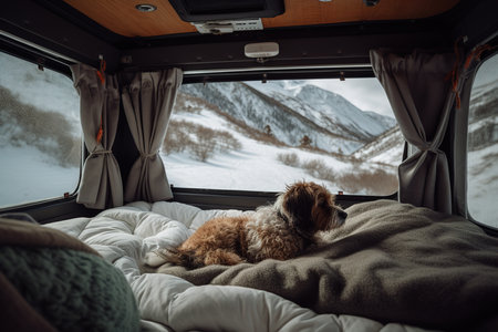 A dog lying on cozy bed inside of camper van with view on mountains. Generative aiの素材
