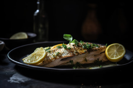 A plate of grilled fish with lemon. Generative AI
